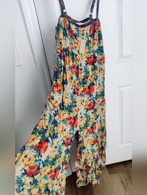NATURAL LIFE Cream Floral Wide-Leg Jumpsuit with Red & Yellow Blooms